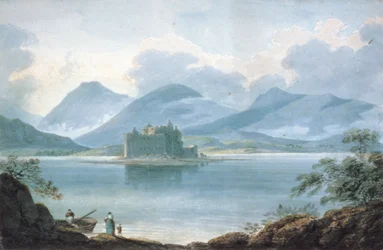 Blick über Loch Awe, Argyllshire, auf Kilchurn Castle und die dahinterliegenden Berge